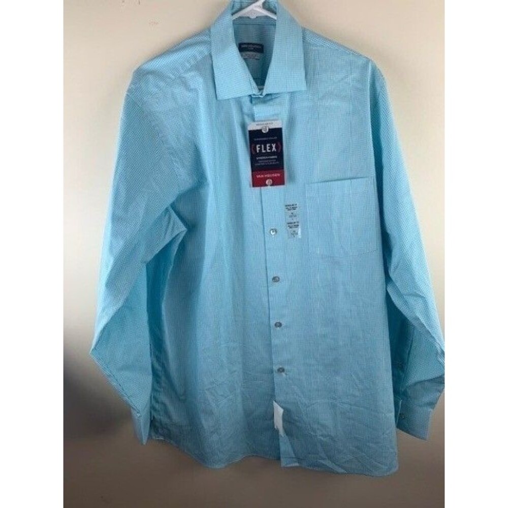 Van Heusen Flex Size L 16 32/33 Mens Flex Shirt Blue Pattern Regular Fit